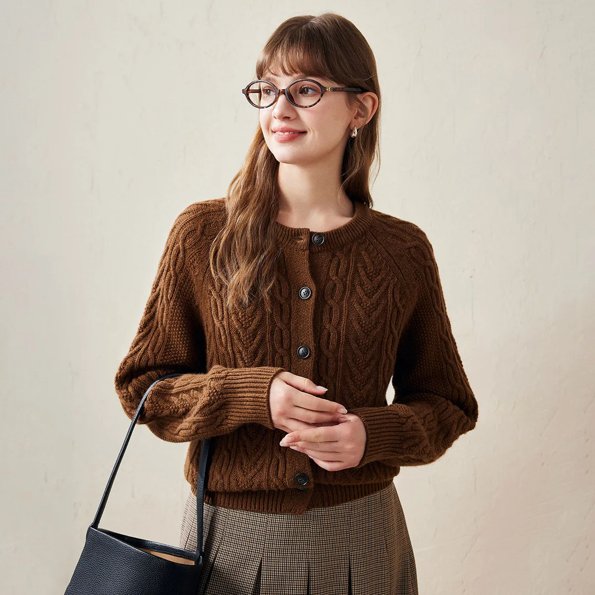 100% Wool Classic Cable Knit Button Cardigan