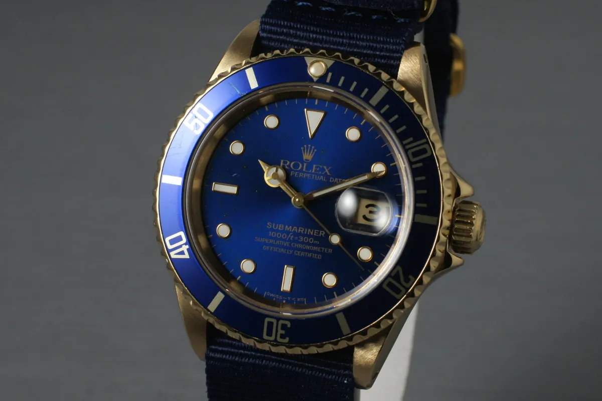 1991 Rolex 18K Blue Submariner 16618 with Box and Papers