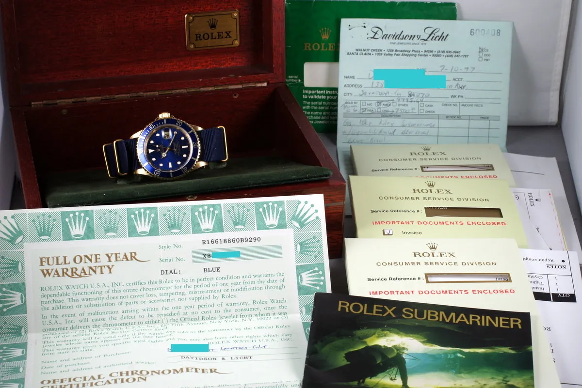 1991 Rolex 18K Blue Submariner 16618 with Box and Papers