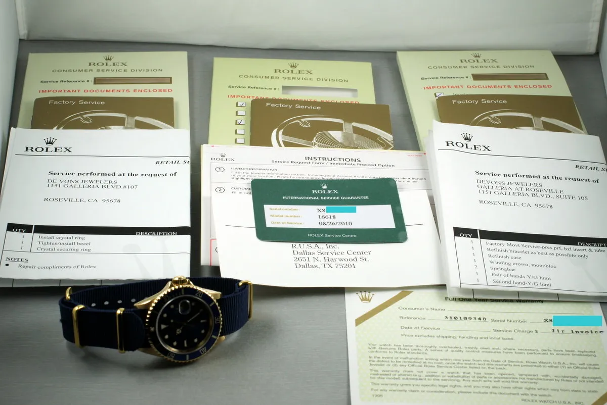 1991 Rolex 18K Blue Submariner 16618 with Box and Papers