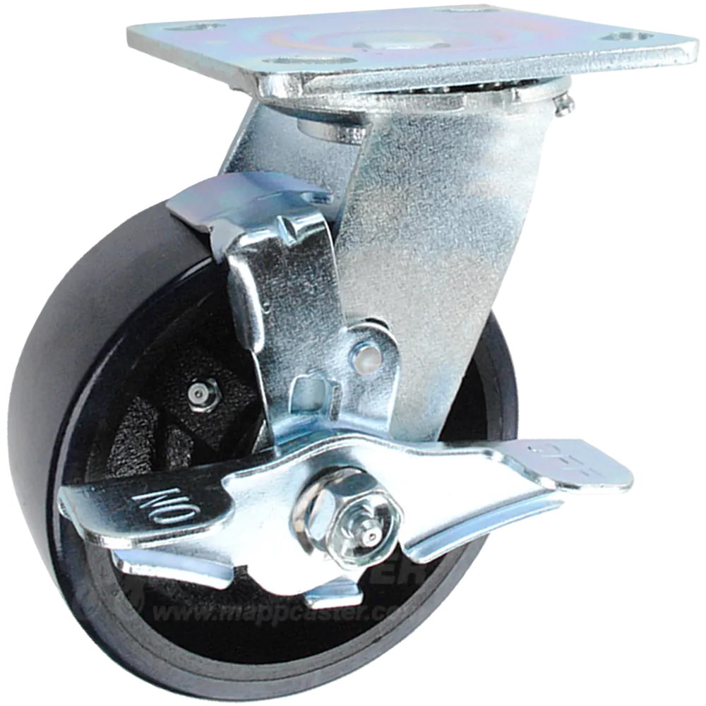 5" x 2" Polyurethane on Iron Wheel Swivel Brake Caster - 1,250 Lbs Capacity