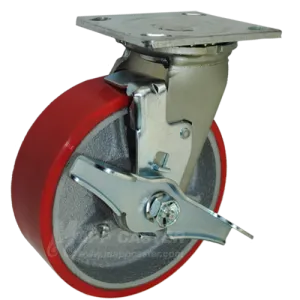 6" x 2" Red Polyurethane on Iron Wheel Swivel Brake Caster - 1,200 Lbs Capacity