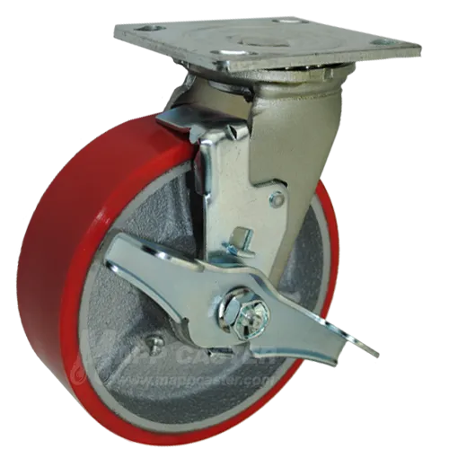 6" x 2" Red Polyurethane on Iron Wheel Swivel Brake Caster - 1,200 Lbs Capacity