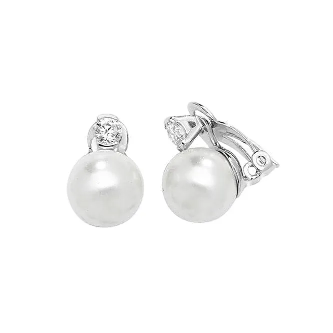 Acotis Silver Clip-On Earrings Zirconia & Pearl Rhodium G51141