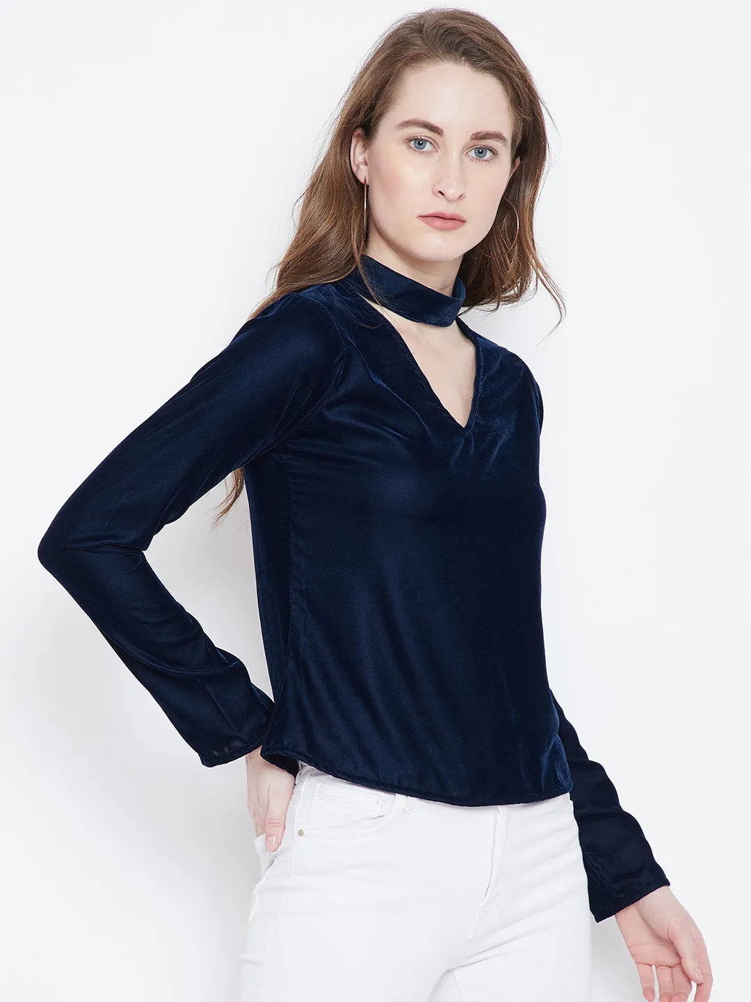 Berrylush Women Solid Navy Blue Choker Neck Velvet A-Line Regular Top