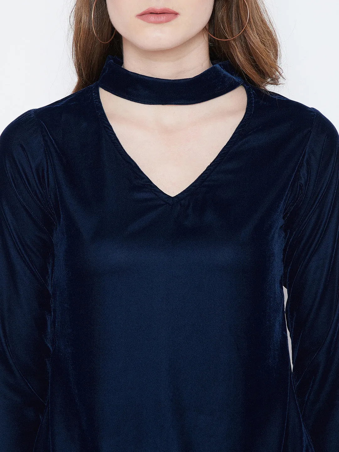 Berrylush Women Solid Navy Blue Choker Neck Velvet A-Line Regular Top