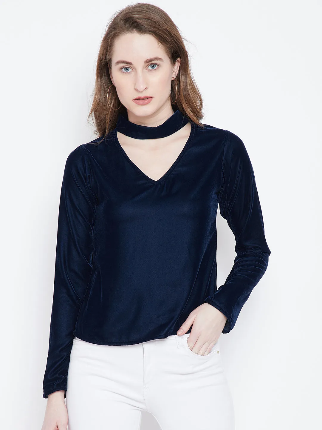 Berrylush Women Solid Navy Blue Choker Neck Velvet A-Line Regular Top