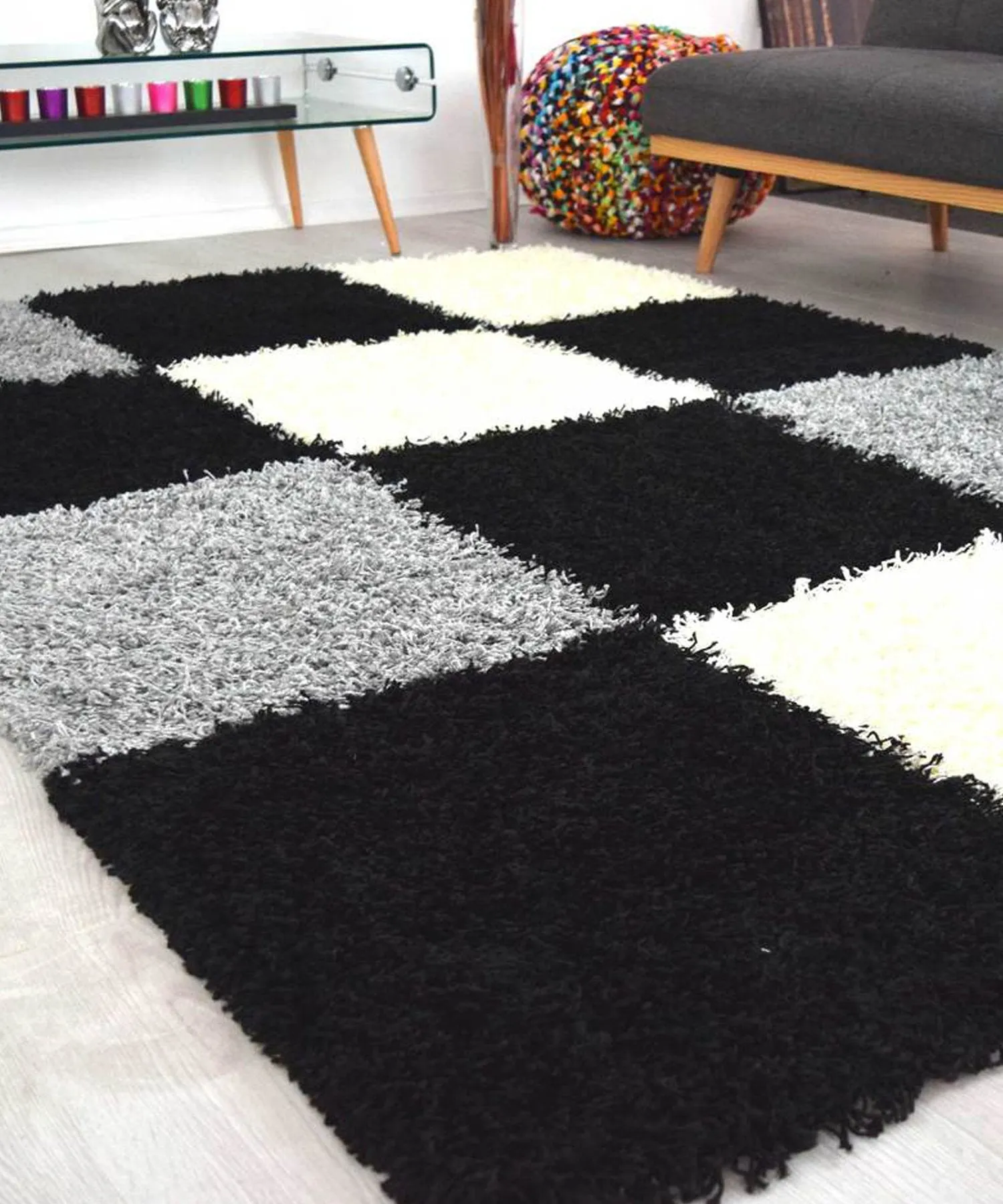 Black & Grey Checked Thick Shaggy Rug - California