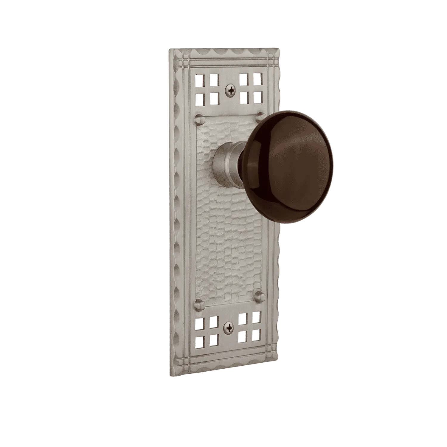 Craftsman Long Plate with Brown Porcelain Knob in Satin Nickel