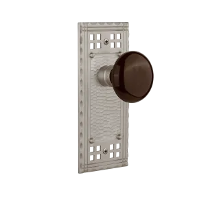 Craftsman Long Plate with Brown Porcelain Knob in Satin Nickel