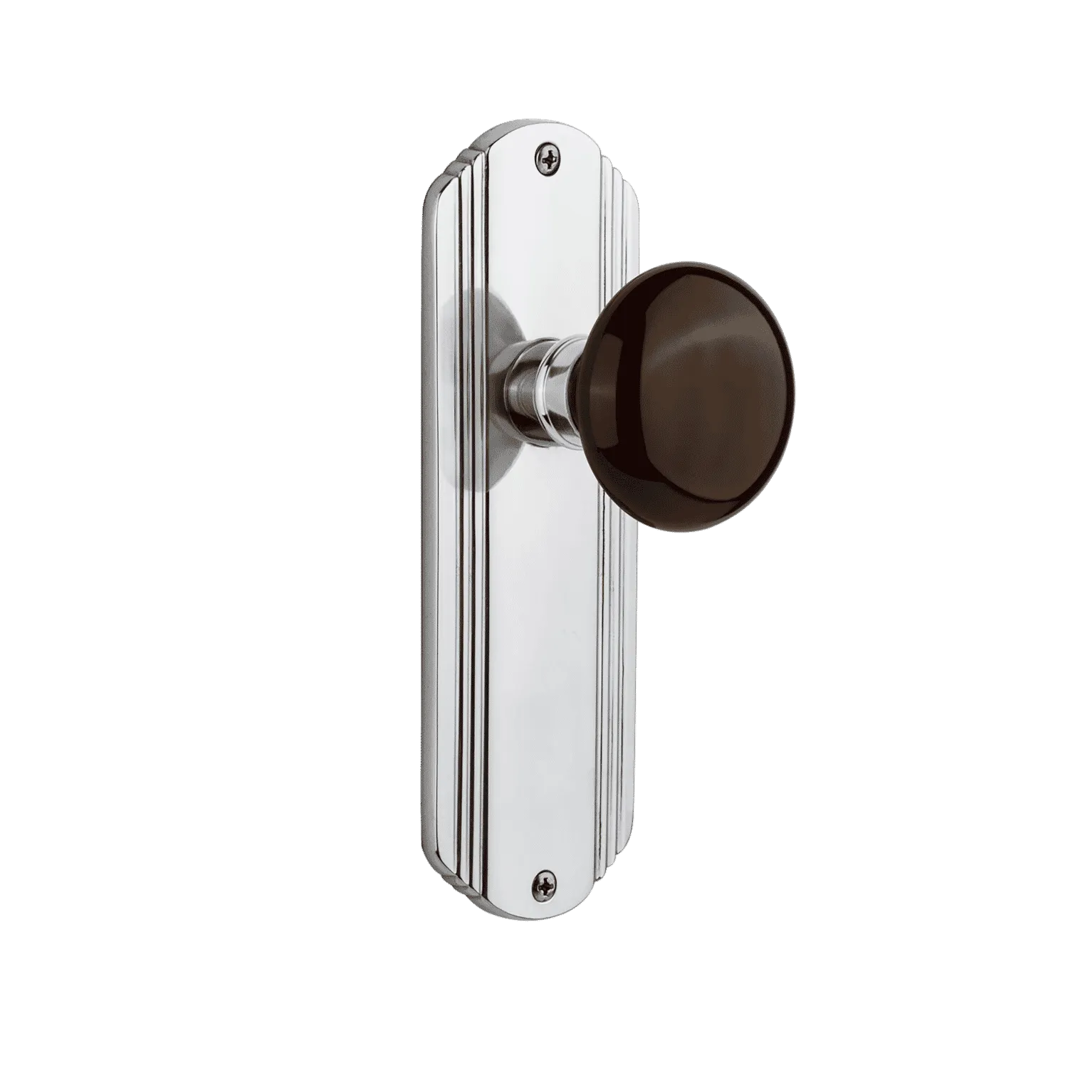 Deco Long Plate with Brown Porcelain Knob in Bright Chrome