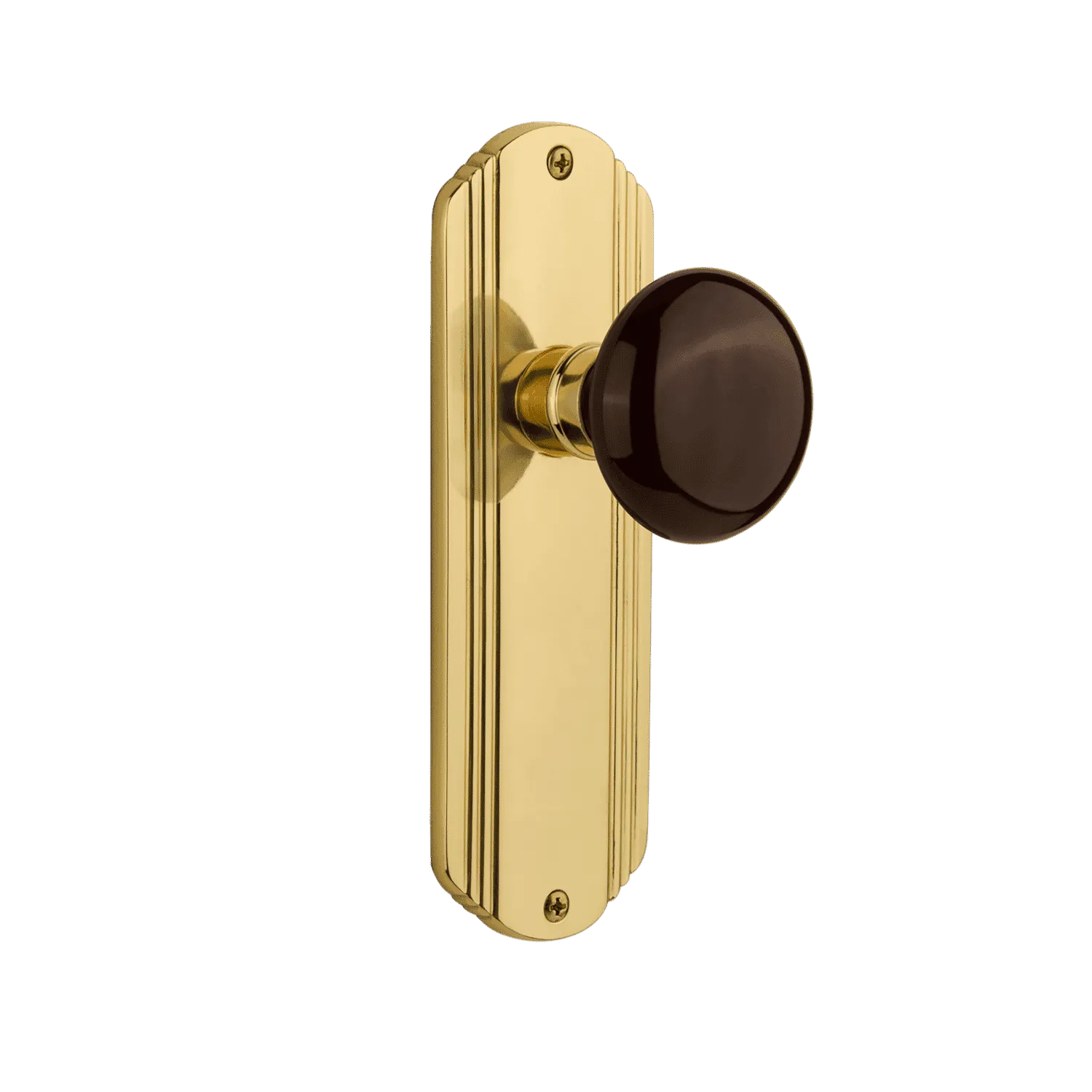 Deco Long Plate with Brown Porcelain Knob in Unlacquered Brass