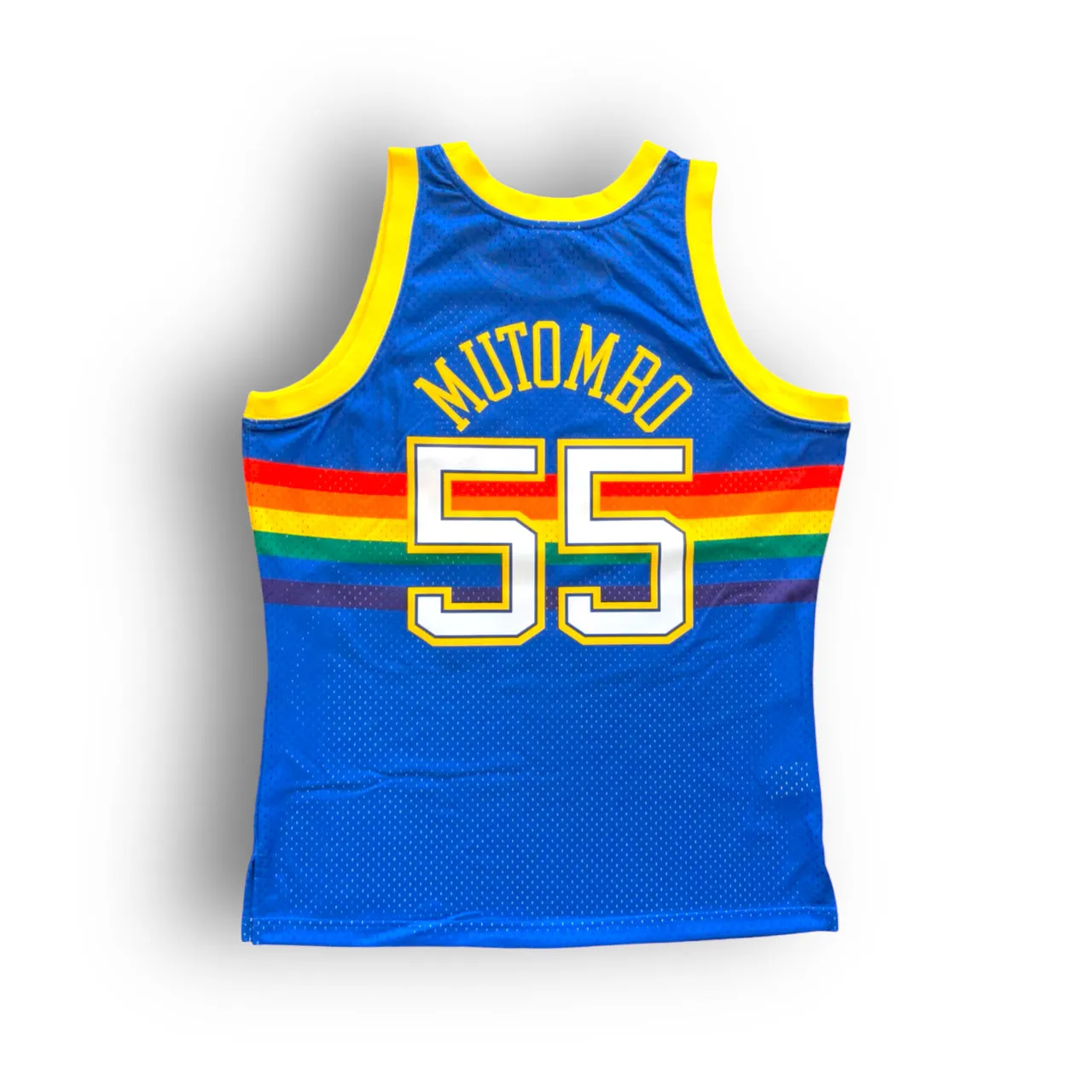 Dikembe Mutombo 1991-1992 Denver Nuggets Away Mitchell & Ness Swingman Jersey - Rainbow/Blue