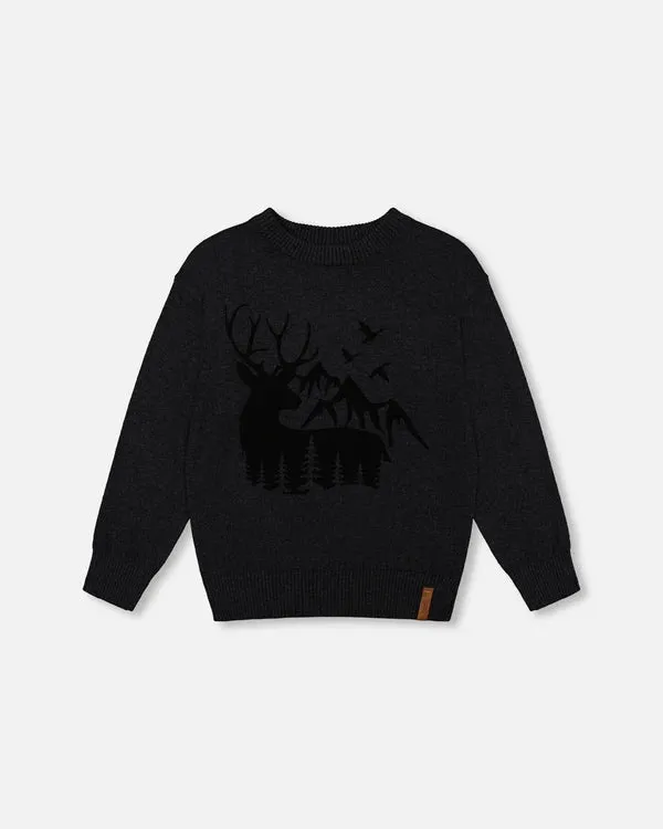 DPD Flocked Deer Knitted Sweater in Charcoal