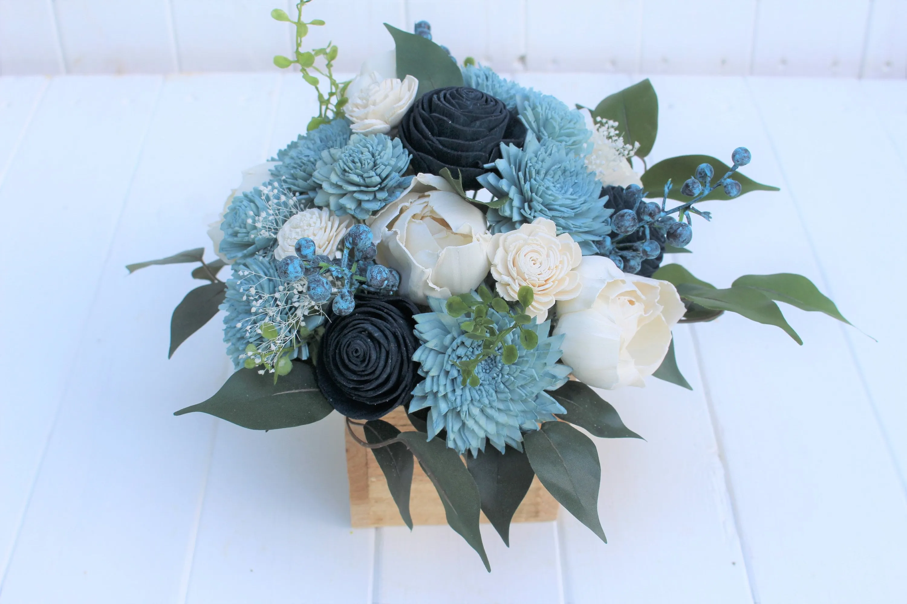 Dusty Blue Navy  and Ivory Sola Wood Flower Centerpiece/ Flower Arrangement