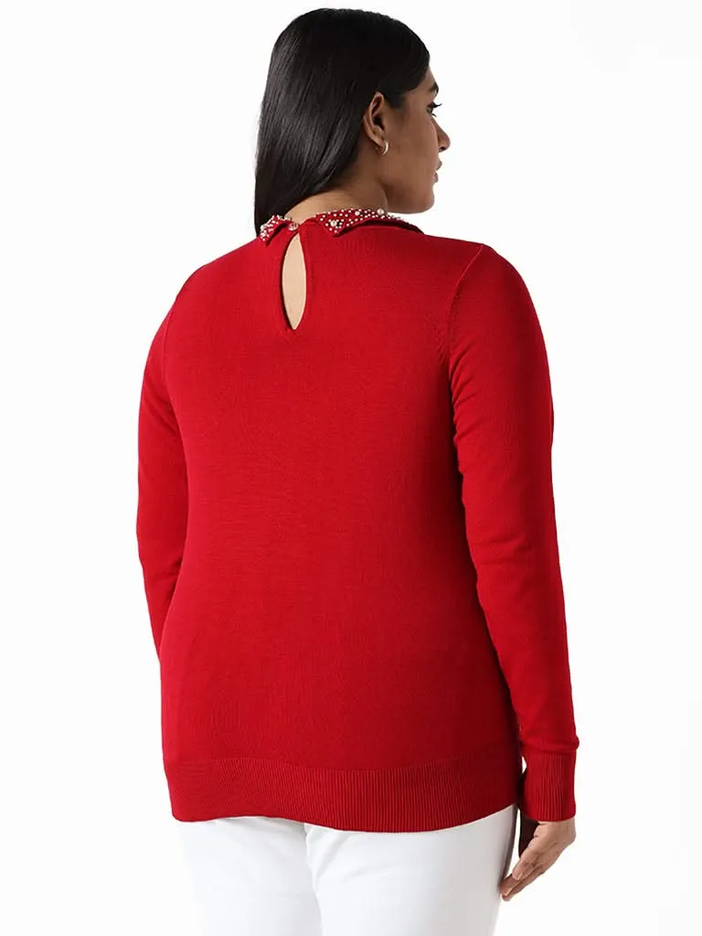 Gia Pearl Neck Detail Red Sweater