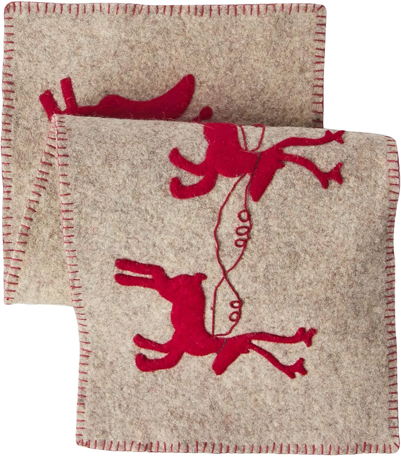 Handmade Gray Hand Felted Wool Christmas Table Runner - Reindeer And Sleigh - 16"x44"