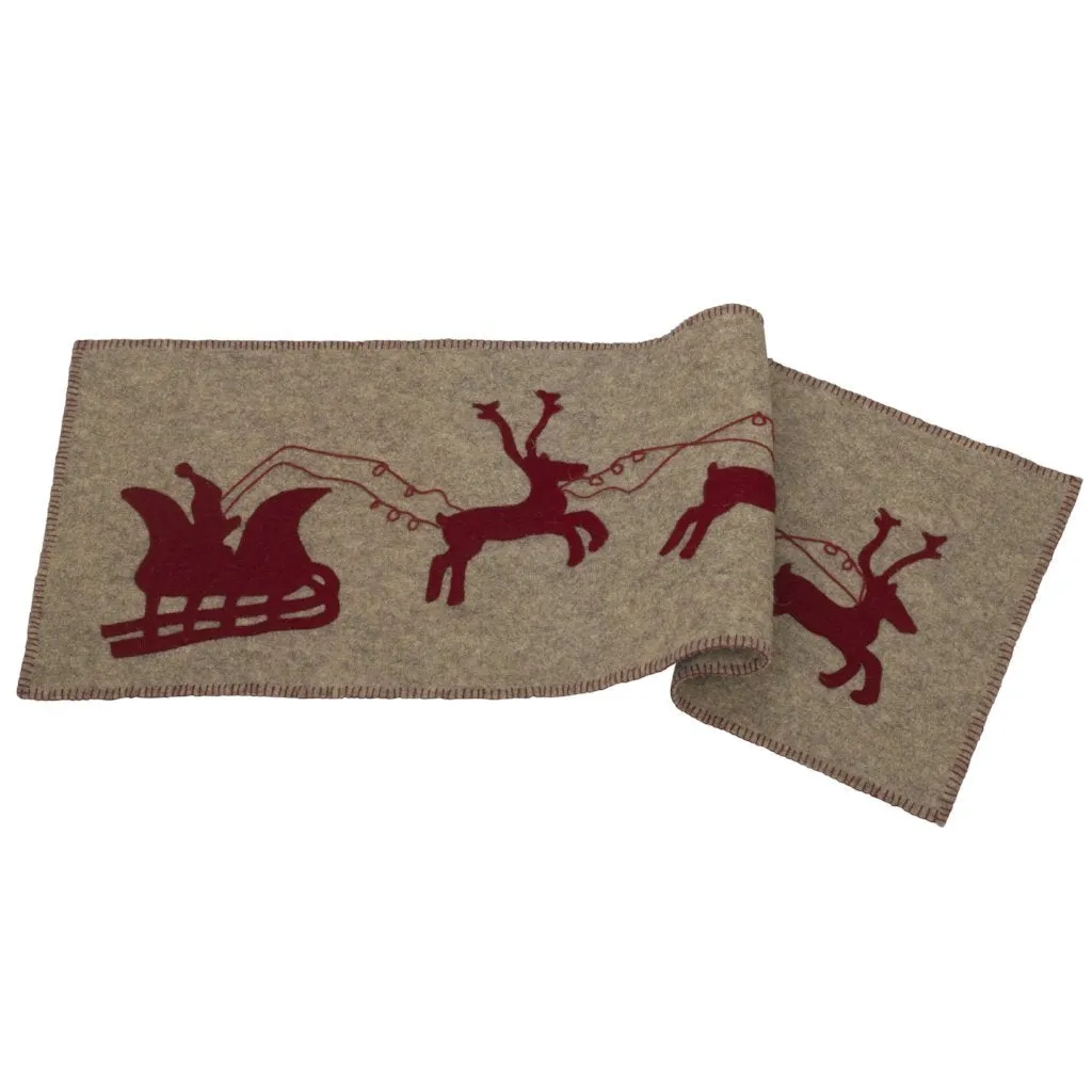 Handmade Gray Hand Felted Wool Christmas Table Runner - Reindeer And Sleigh - 16"x44"