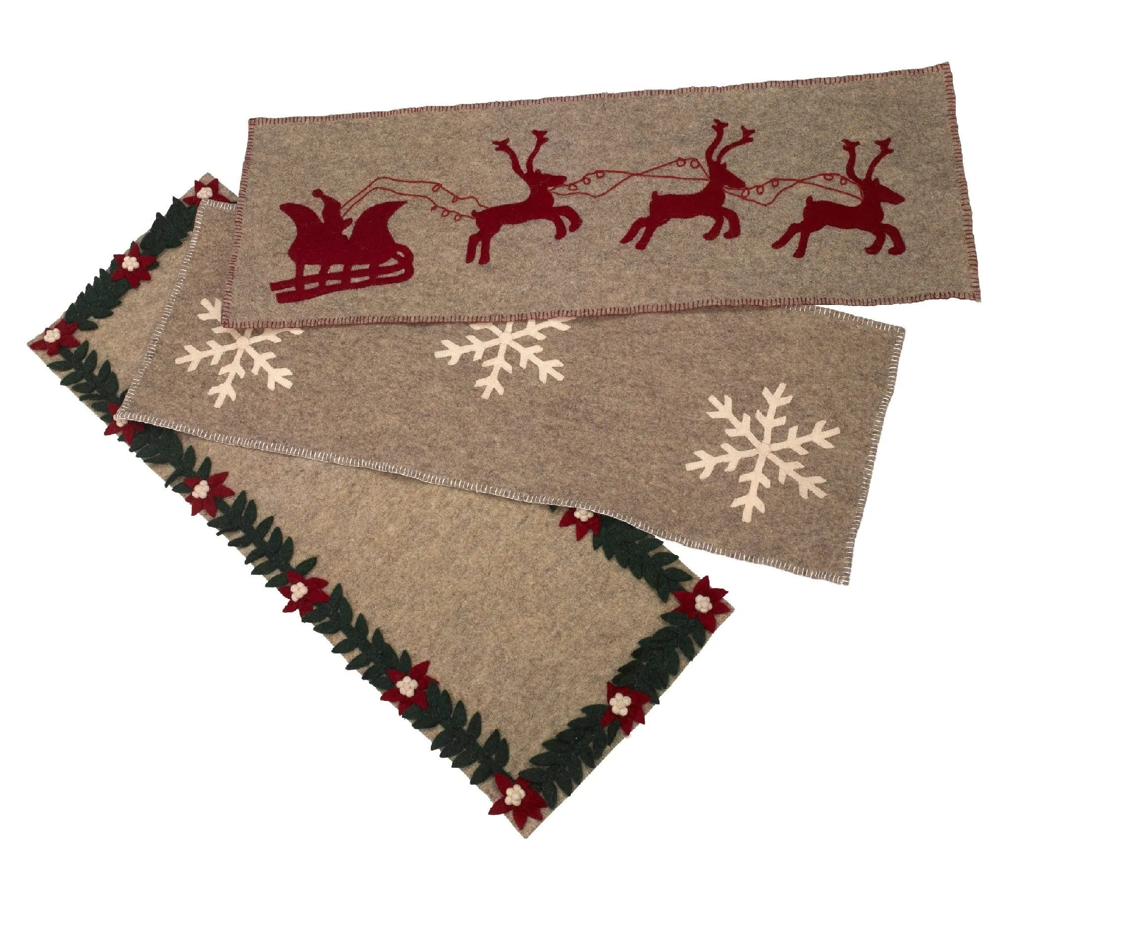 Handmade Gray Hand Felted Wool Christmas Table Runner - Reindeer And Sleigh - 16"x44"