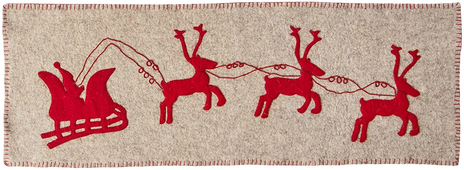 Handmade Gray Hand Felted Wool Christmas Table Runner - Reindeer And Sleigh - 16"x44"