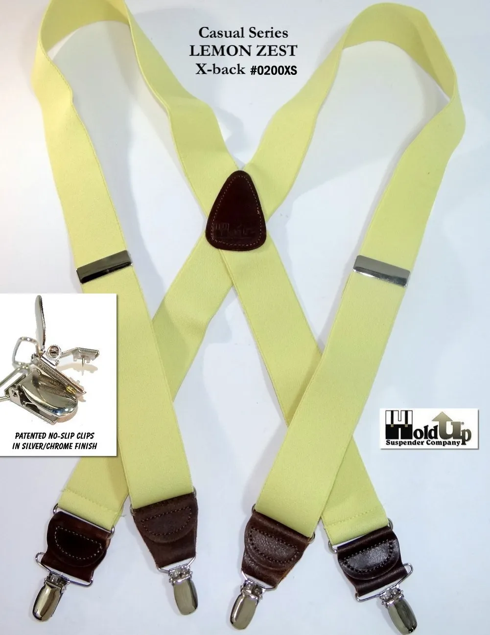 Hold-Ups Yellow 1 1/2" wide Suspenders X-Back Patented No-slip USA patented Silver Clips