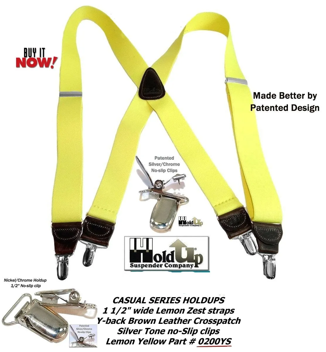 Hold-Ups Yellow 1 1/2" wide Suspenders X-Back Patented No-slip USA patented Silver Clips