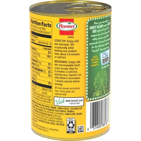 HORMEL Chili Coney Island Inspired No Bean, No Artificial Ingredients, 15 Oz