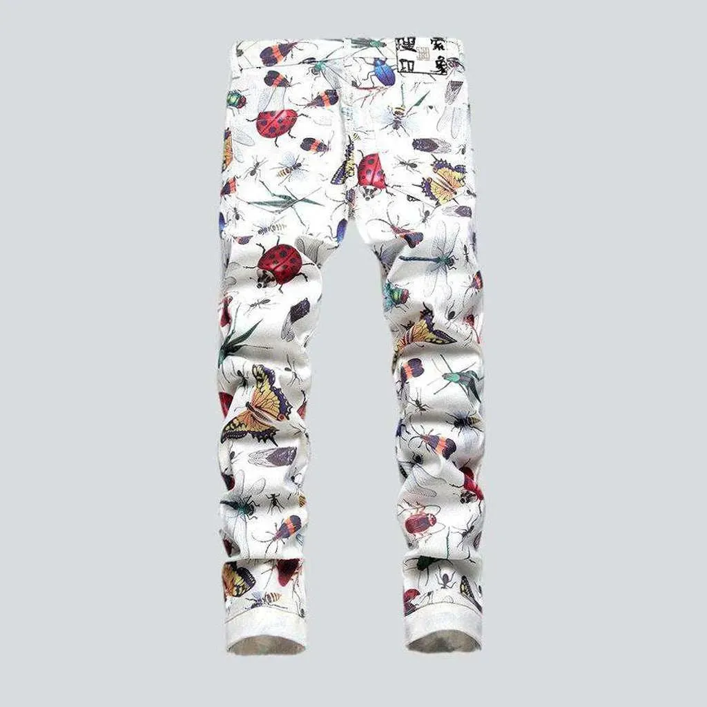 Insect print white men's jeans