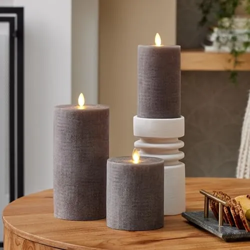 Luminara Chalky Linen Charcoal Gray Flameless Candle Moving Flame Real Wax Flat Top LED Pillar (3" x 6.5")