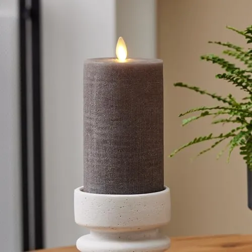 Luminara Chalky Linen Charcoal Gray Flameless Candle Moving Flame Real Wax Flat Top LED Pillar (3" x 6.5")