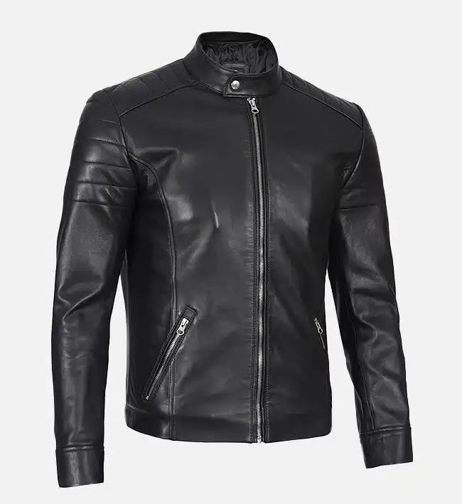 Men's Classic Black Leather Cafe Racer Jacket