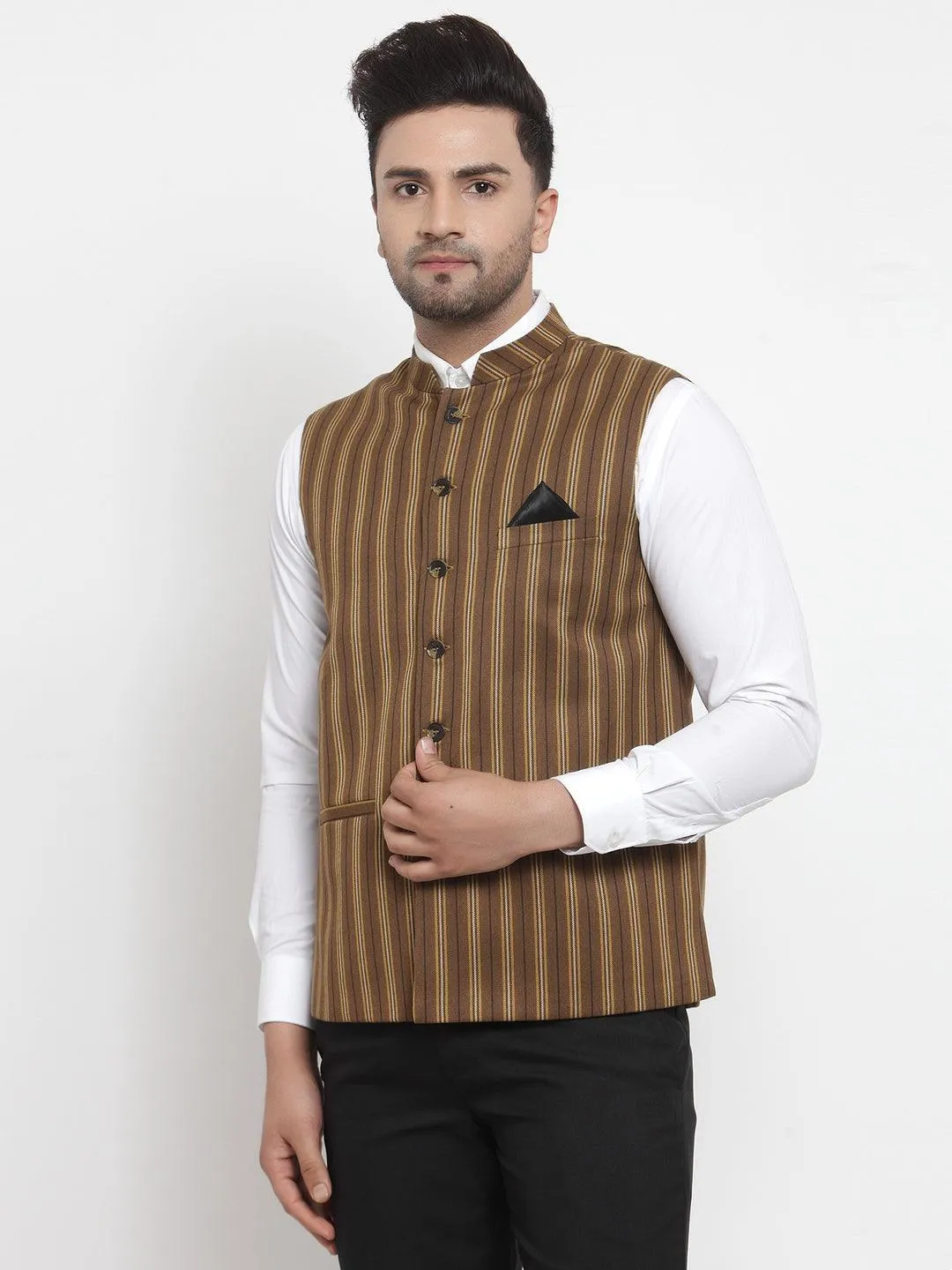 Men's Dhrohar Striped Wool Nehru Jacket / Waistcoat - Brown And Yellow - Size - 38 - Neudis Men