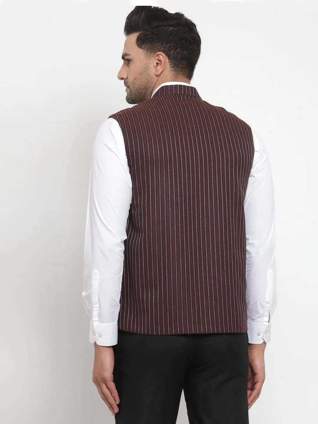 Men's Dhrohar Striped Wool Nehru Jacket / Waistcoat - Peach And Brown - Size - 38 - Neudis Men