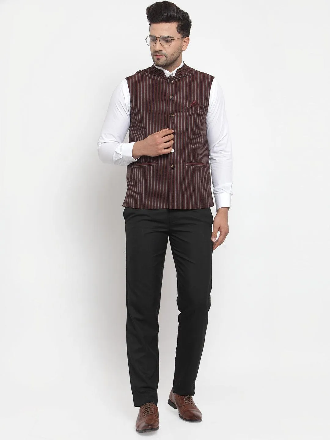 Men's Dhrohar Striped Wool Nehru Jacket / Waistcoat - Peach And Brown - Size - 38 - Neudis Men