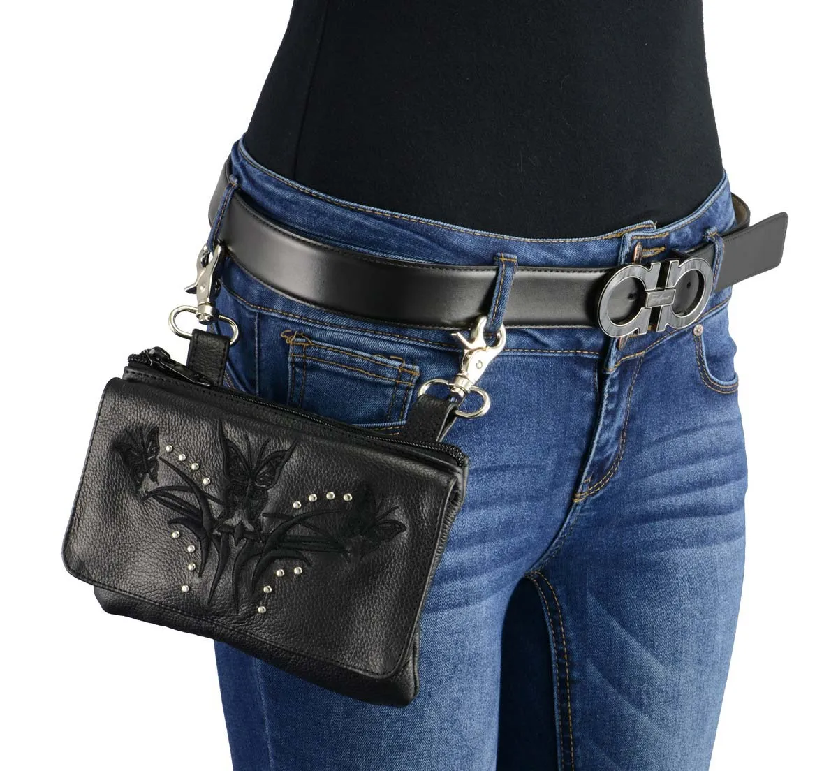 Milwaukee Leather MP8851 Women's Black Leather Multi Pocket Belt Bag