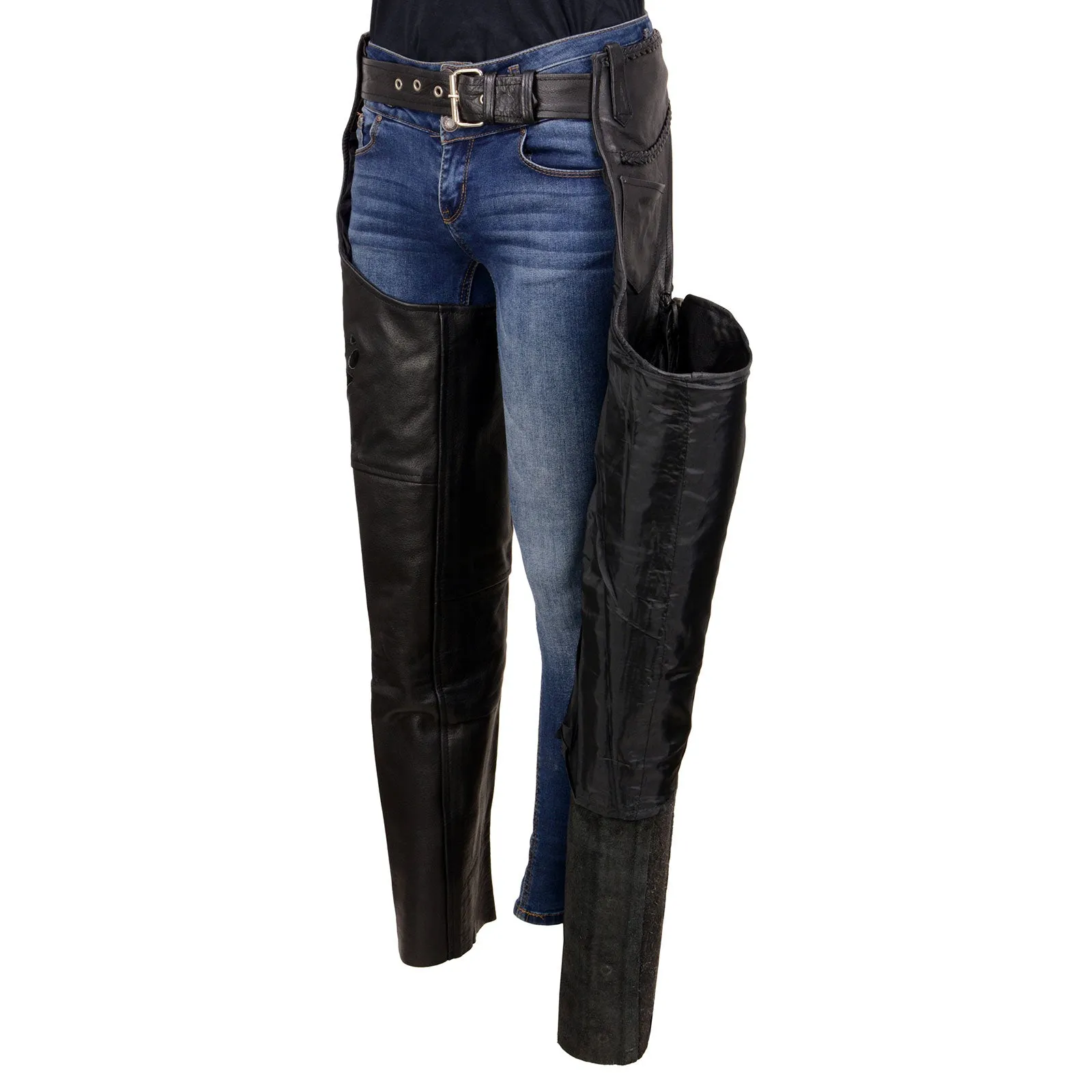 Milwaukee Leather SH1116 Women's Classic Braided & Fringed Black Leather Motorcycle Chaps w/ Black Rose Embroidery