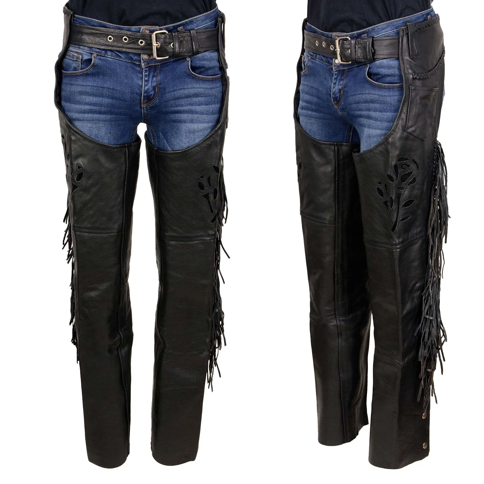 Milwaukee Leather SH1116 Women's Classic Braided & Fringed Black Leather Motorcycle Chaps w/ Black Rose Embroidery