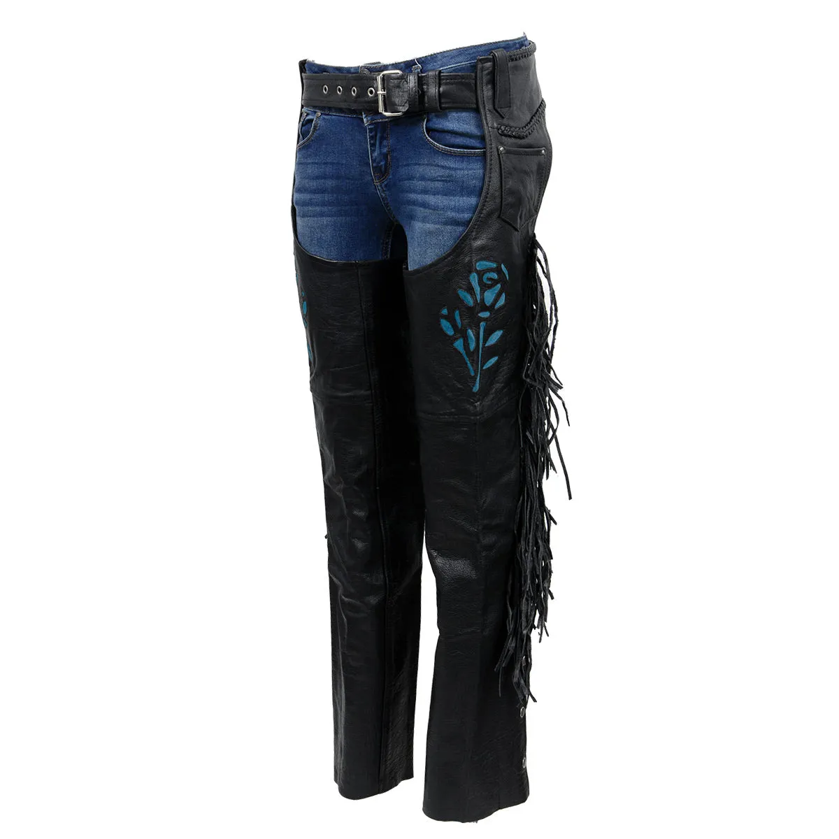 Milwaukee Leather SH1116 Women's Classic Braided & Fringed Black Leather Motorcycle Chaps w/ Turq Rose Embroidery