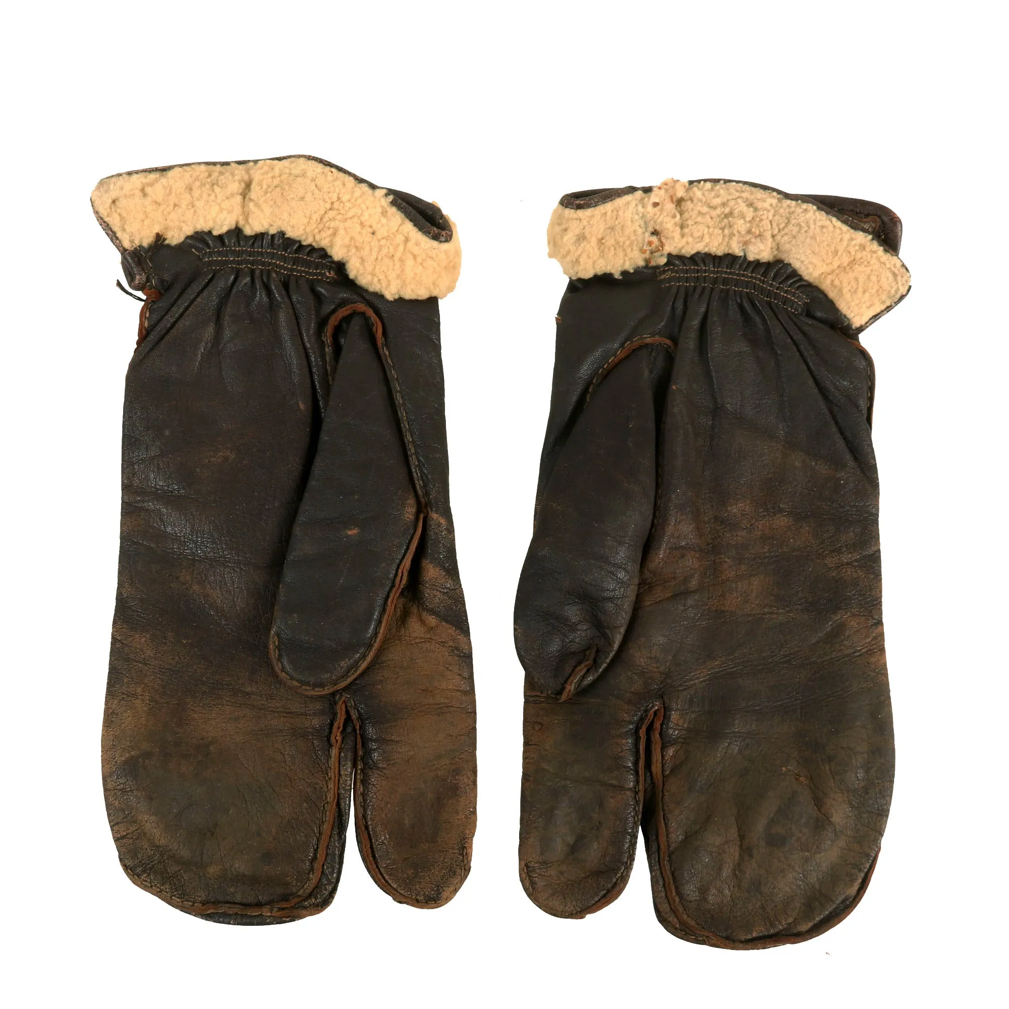 Original WWII U.S. Navy A-9A Shearling Leather Flying Mitten Gloves - Size 11