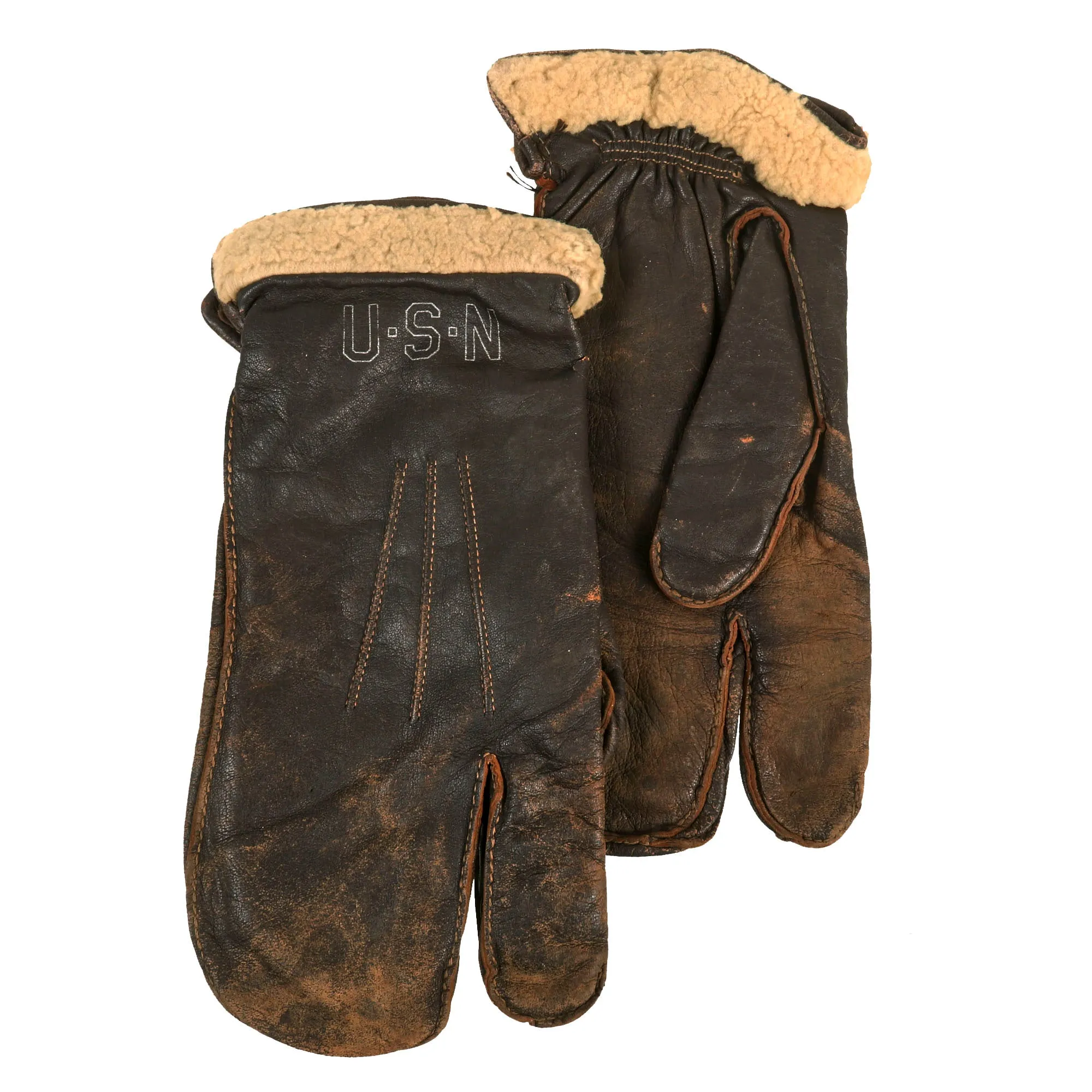 Original WWII U.S. Navy A-9A Shearling Leather Flying Mitten Gloves - Size 11