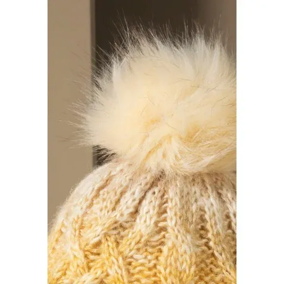 Peanut Butter (Yellow) Tri Colored Cable Knit Beanie Fall Winter Hat w/ Faux Pom