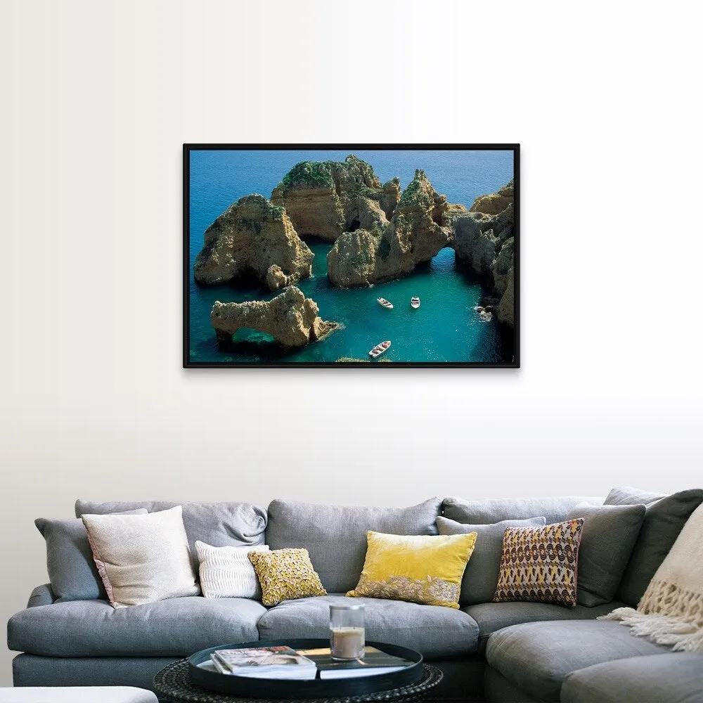 "Boats and rock formations" Black Float Frame Canvas Art