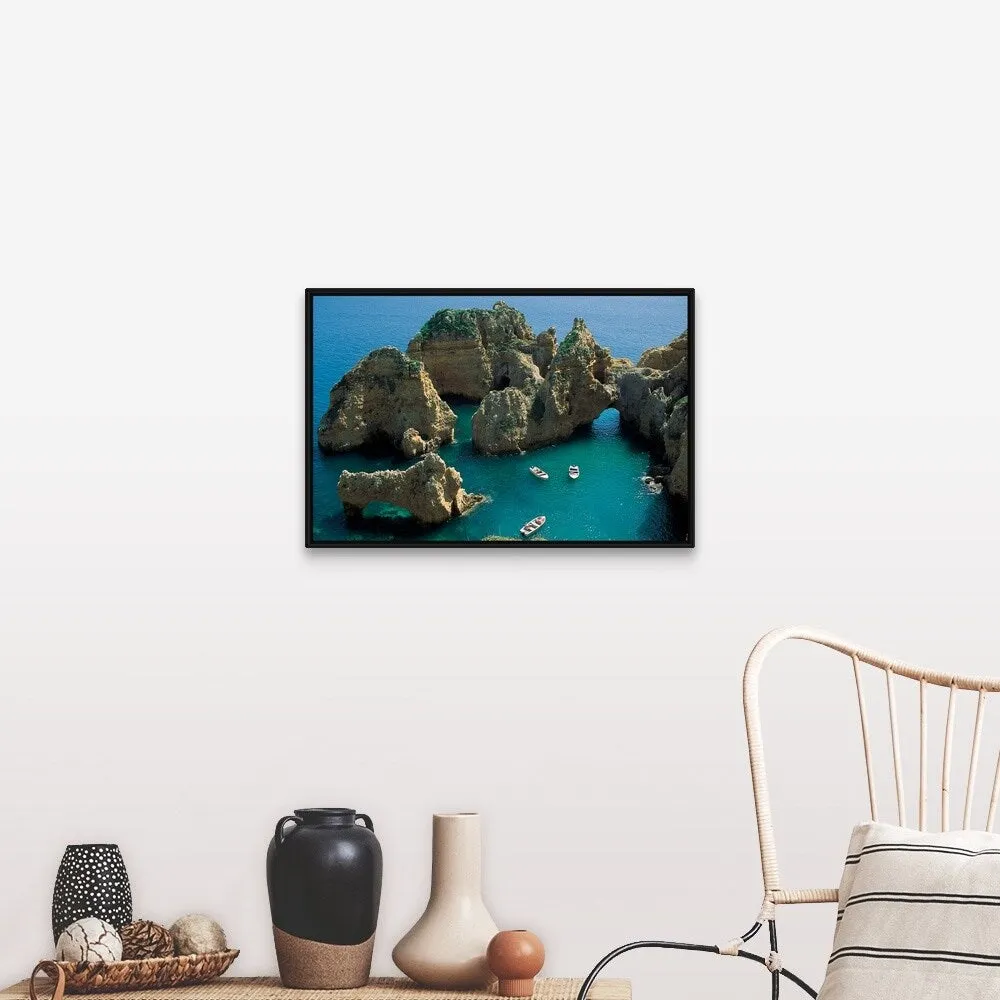 "Boats and rock formations" Black Float Frame Canvas Art