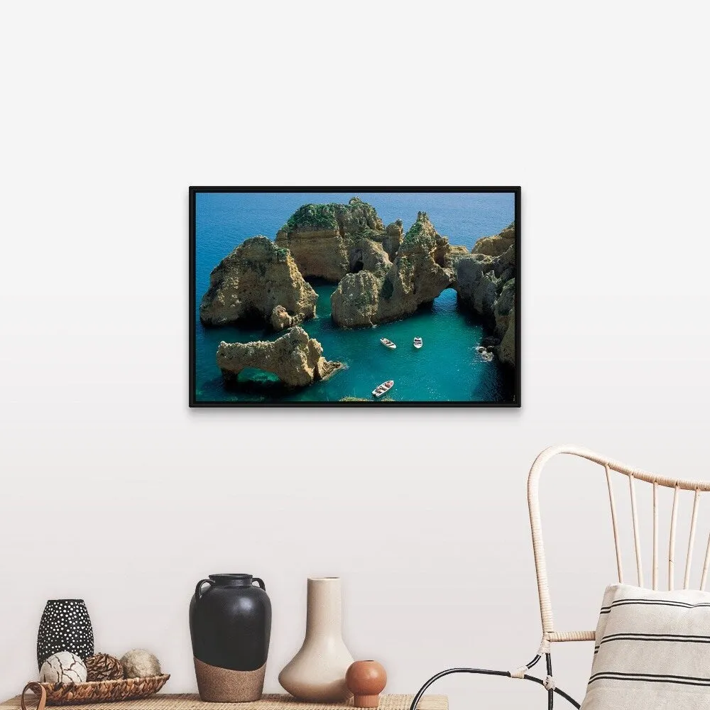 "Boats and rock formations" Black Float Frame Canvas Art