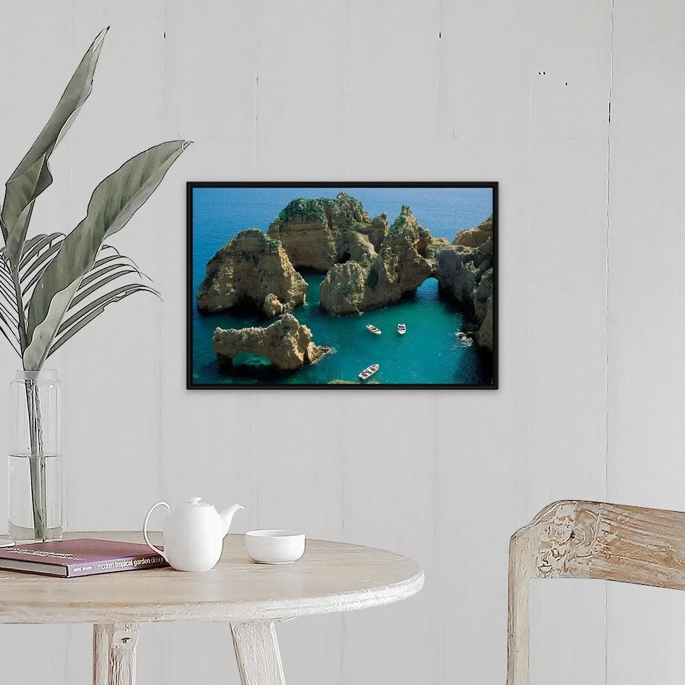 "Boats and rock formations" Black Float Frame Canvas Art