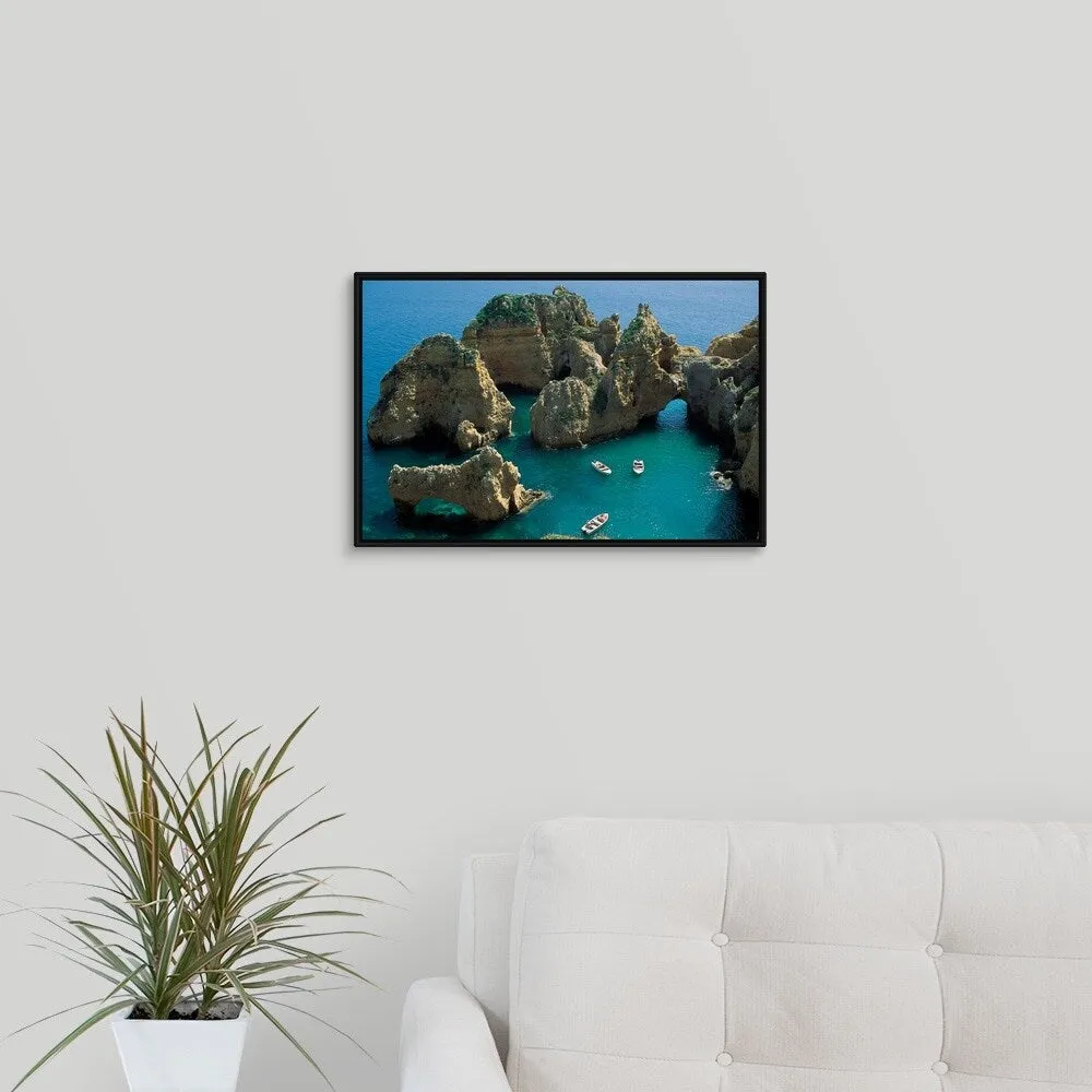 "Boats and rock formations" Black Float Frame Canvas Art