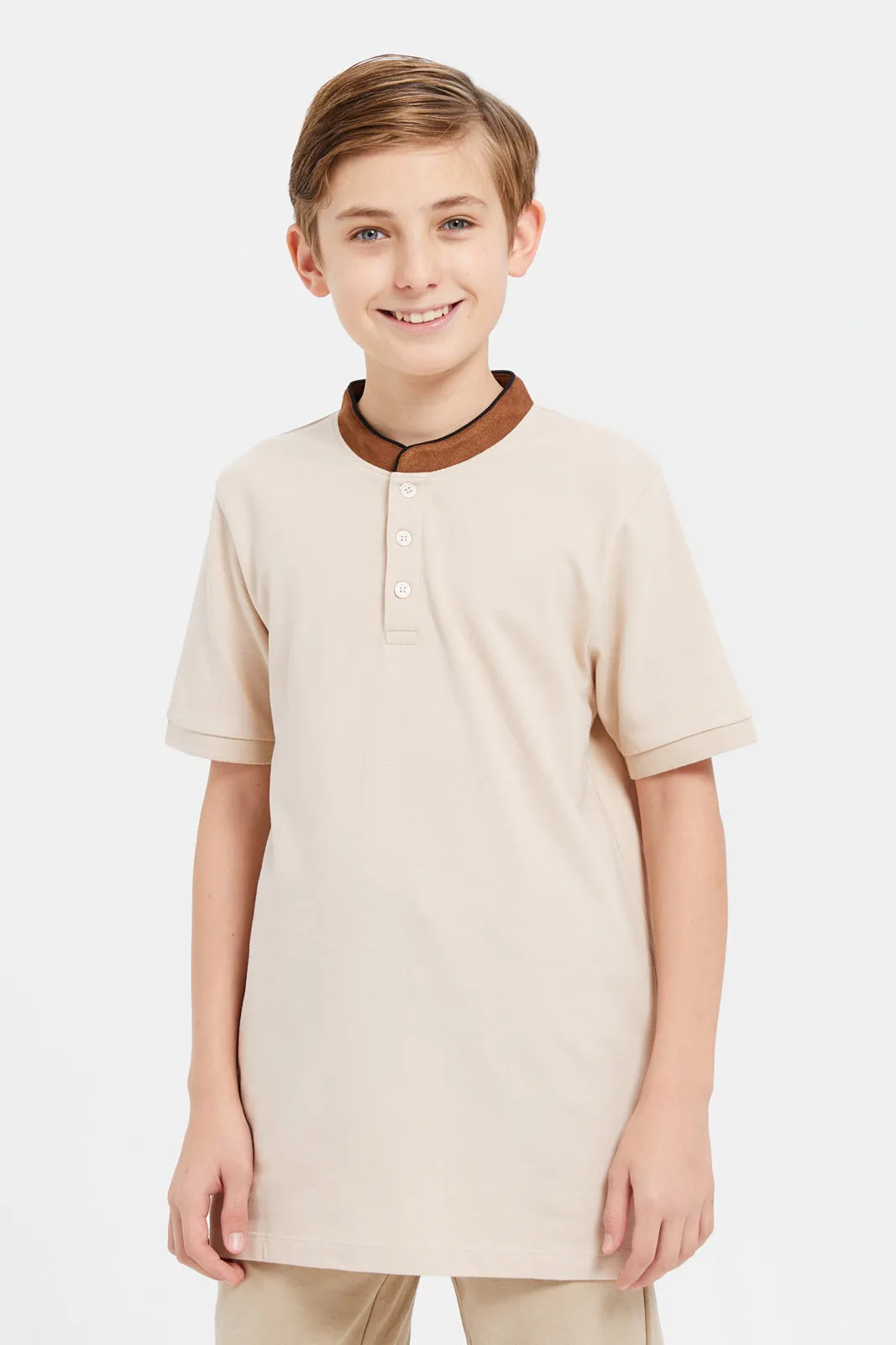 Senior Boys Beige Mandarin Collar Polo Shirt