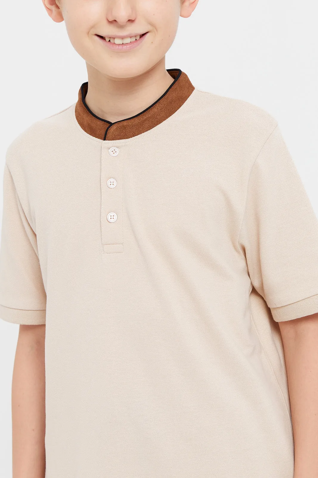 Senior Boys Beige Mandarin Collar Polo Shirt