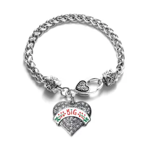 Silver Scarlet Red and Olive Green Big Pave Heart Charm Braided Bracelet