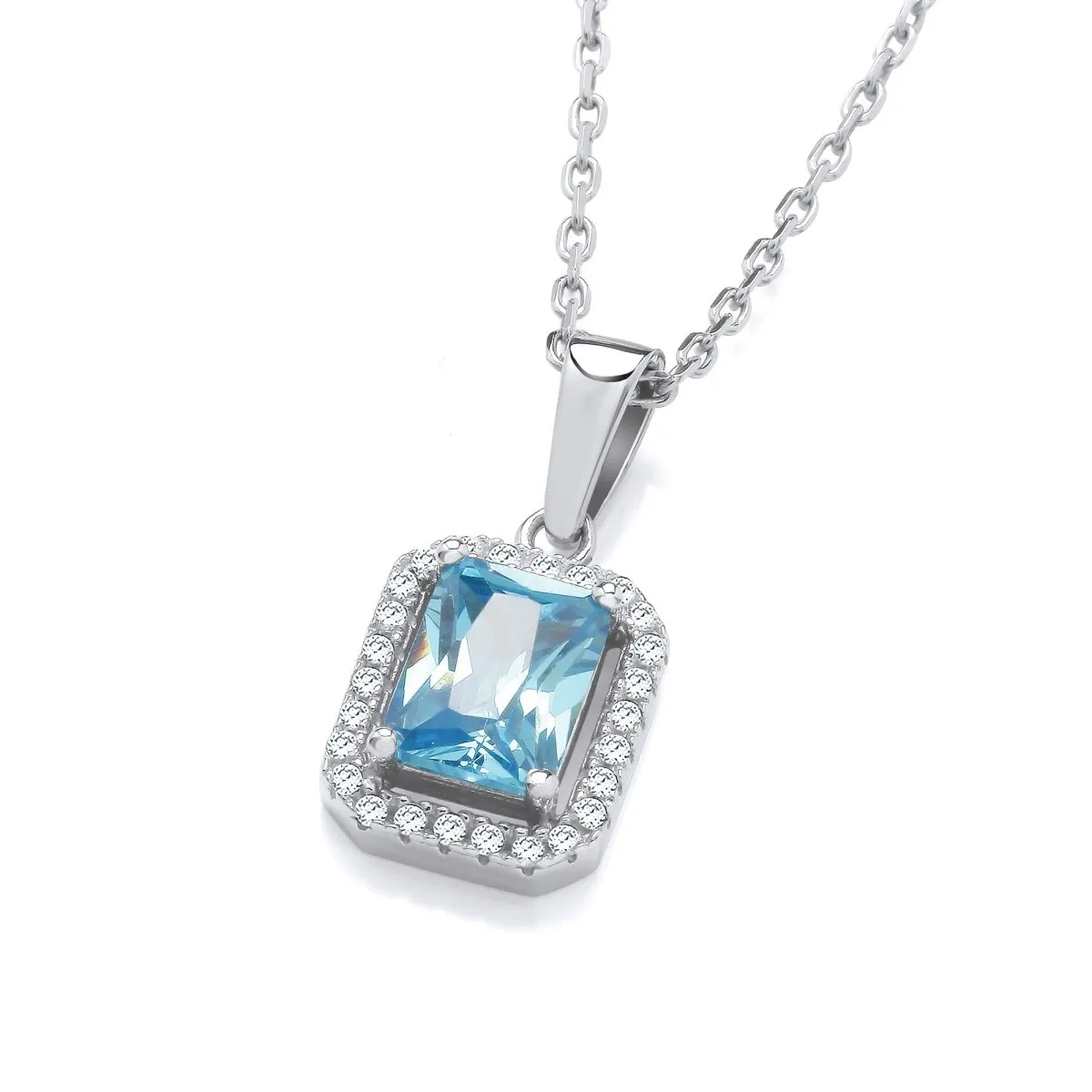 Sterling Silver Baguette Cut Blue CZ Halo Necklace